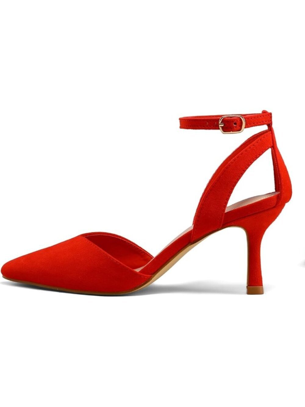 Women's Red Suede Pumps Shoes Pointed Toe Kitten Low Heels Ankle Strap